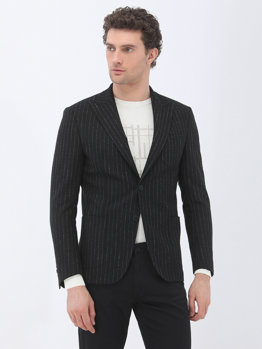 Black Striped Modern Fit Jacket - 1