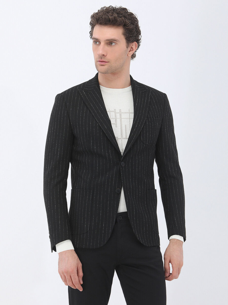 Black Striped Modern Fit Jacket - 1