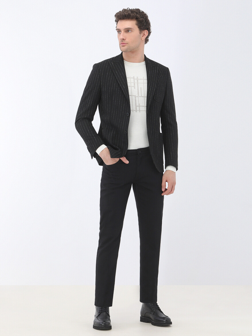 Black Striped Modern Fit Jacket - 2