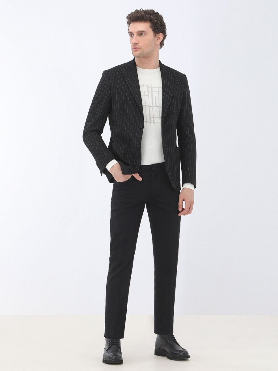 Black Striped Modern Fit Jacket - 2
