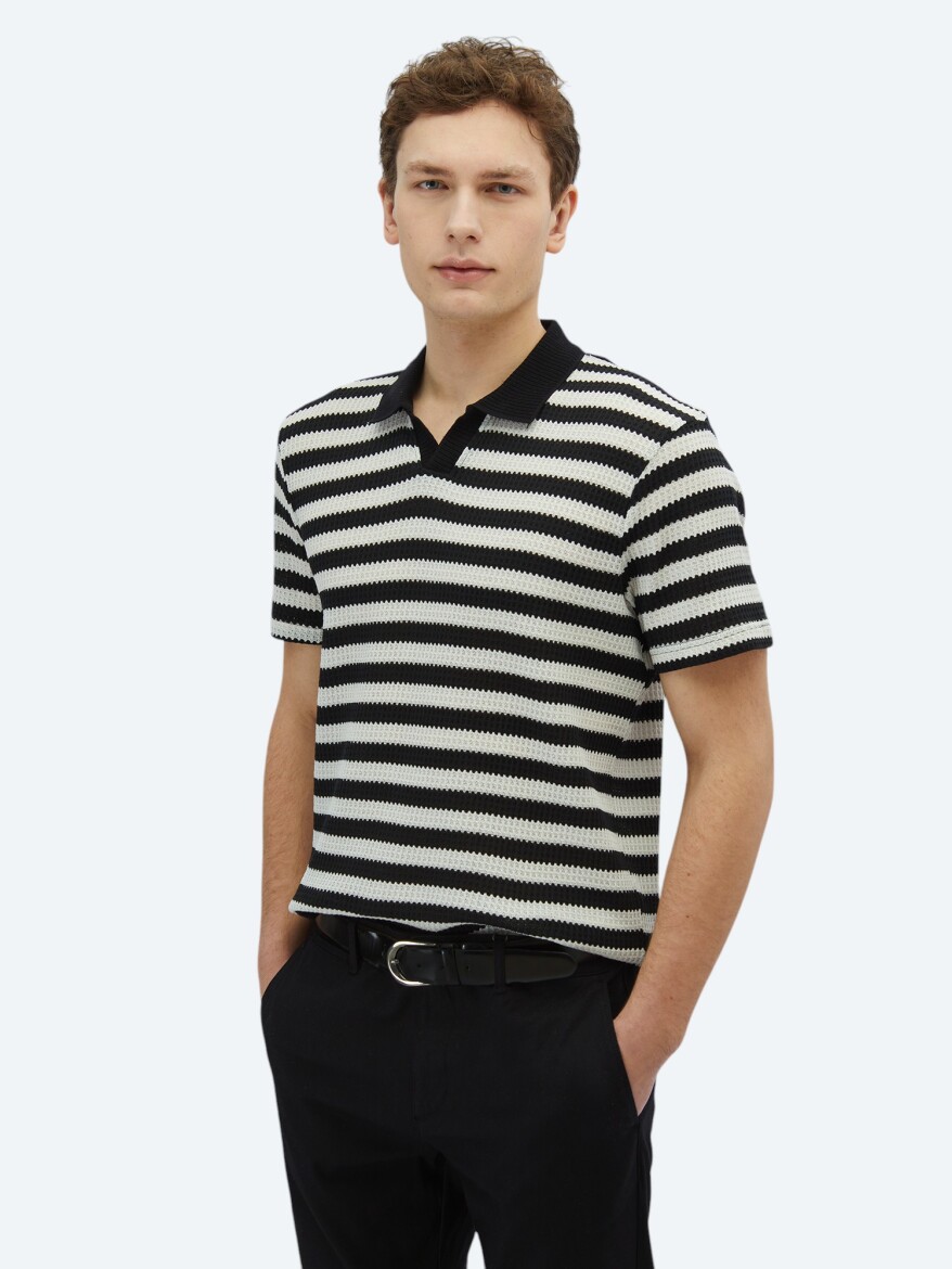 Black Striped Polo Neck Cotton Blended T-Shirt - KİP