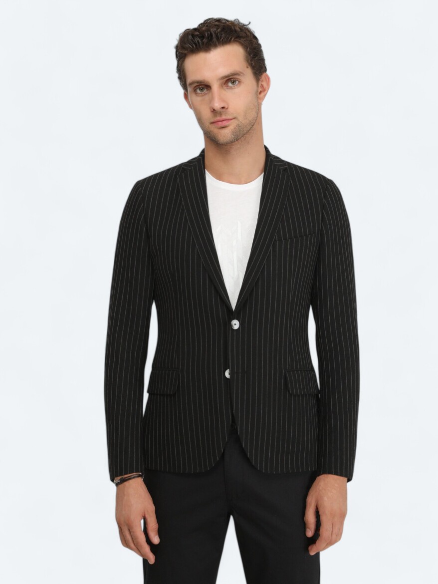 Black Striped Slim Fit Jacket - 1