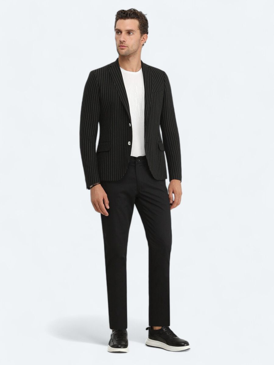 Black Striped Slim Fit Jacket - 2