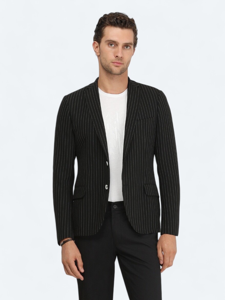 Black Striped Slim Fit Jacket - 3