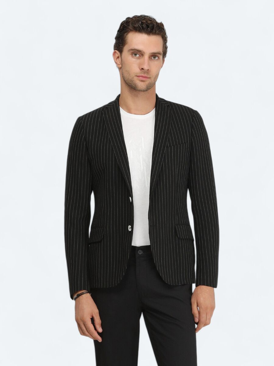 Black Striped Slim Fit Jacket - 3