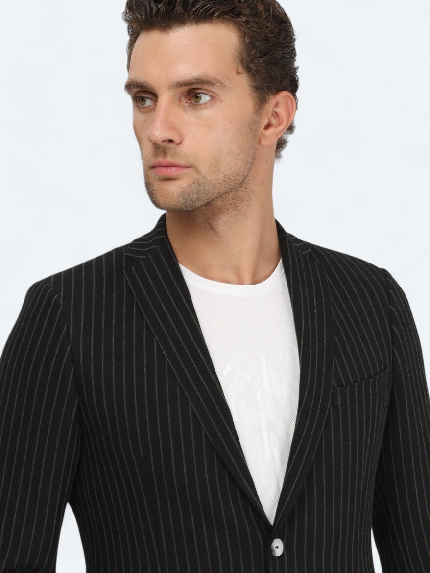 Black Striped Slim Fit Jacket - 4
