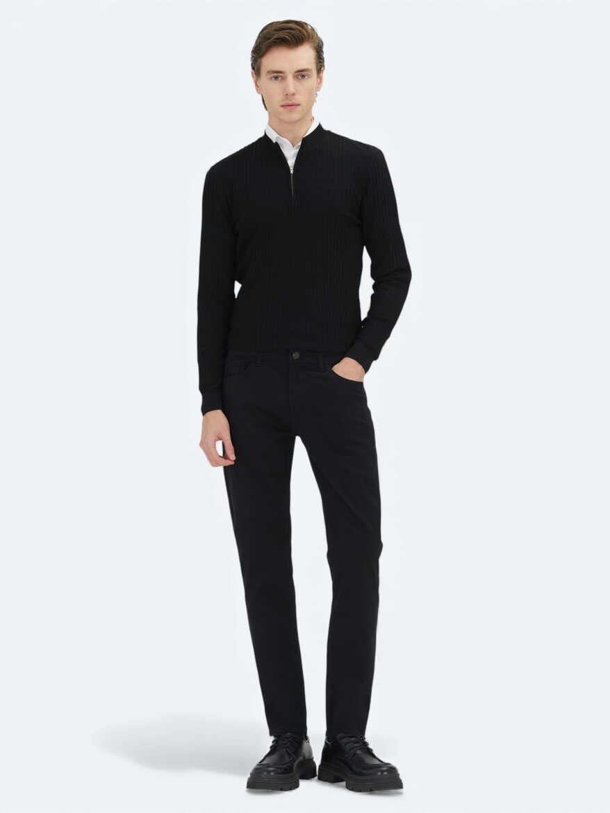 Black Weaving Slim Fit Casual Cotton Blended Trousers - KİP