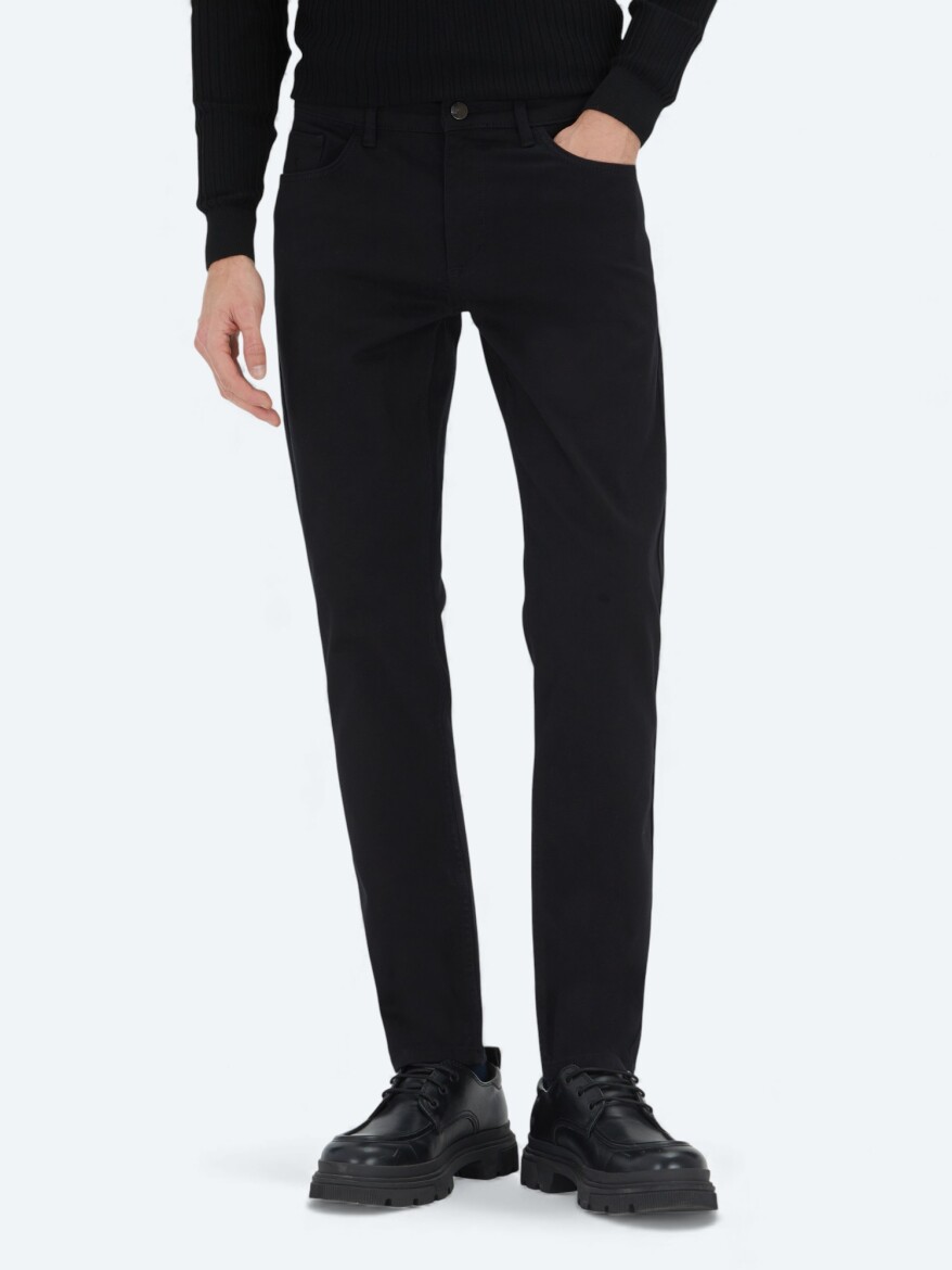 Black Weaving Slim Fit Casual Cotton Blended Trousers - KİP