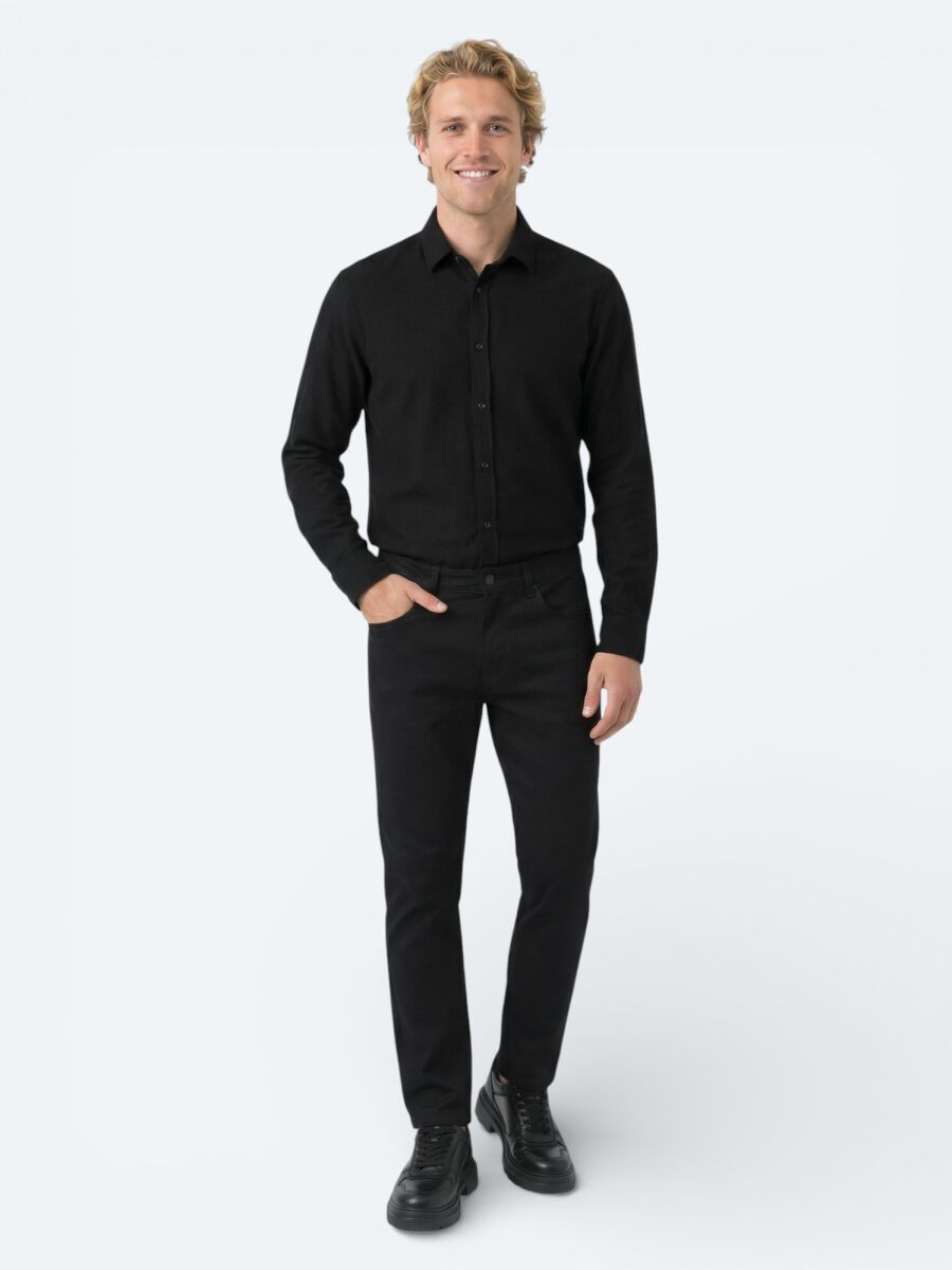 Black Weaving Slim Fit Sport Cotton Blended Trousers - 1