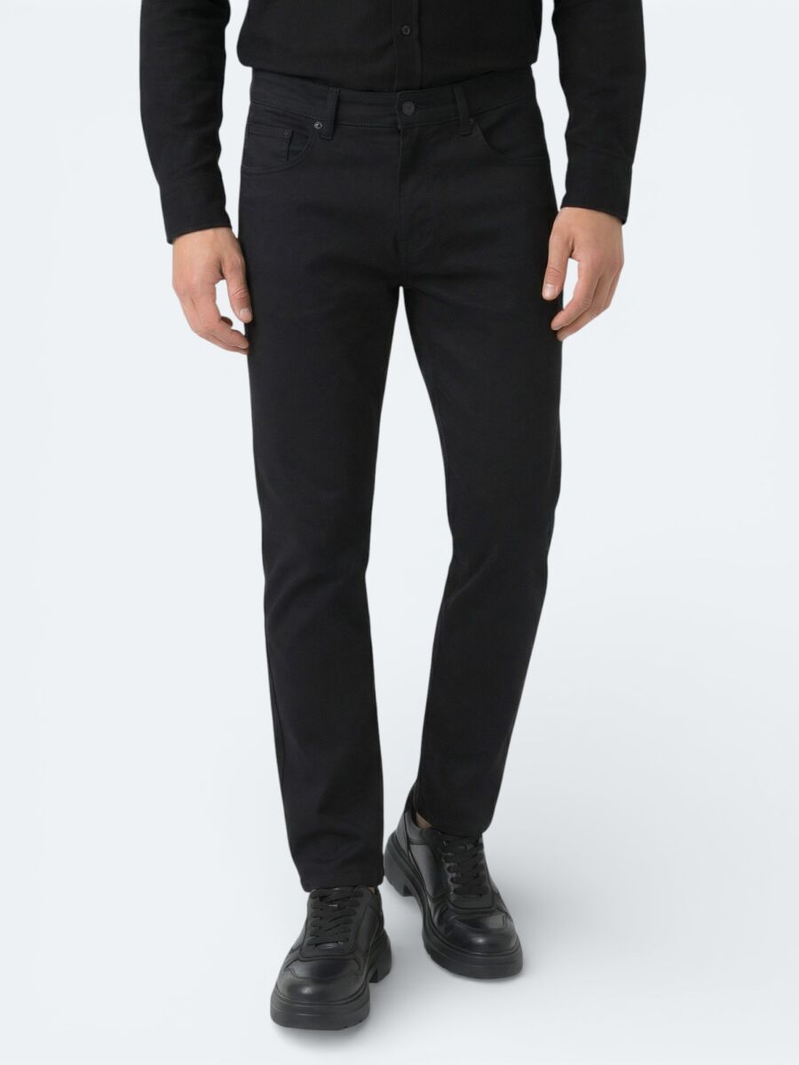 Black Weaving Slim Fit Sport Cotton Blended Trousers - 2