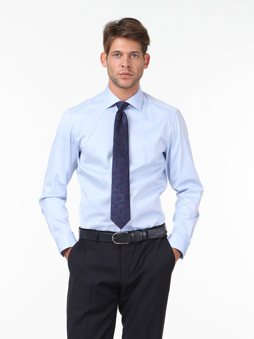 Blue Plain Slim Fit Weaving Classical 100% Cotton Shirt - 1