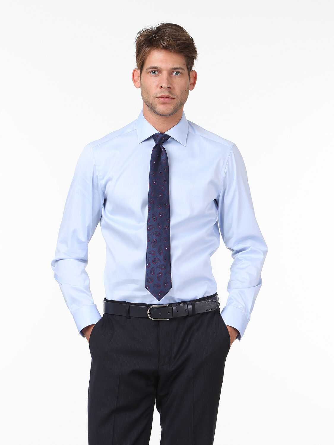 Blue Plain Slim Fit Weaving Classical 100% Cotton Shirt - 1