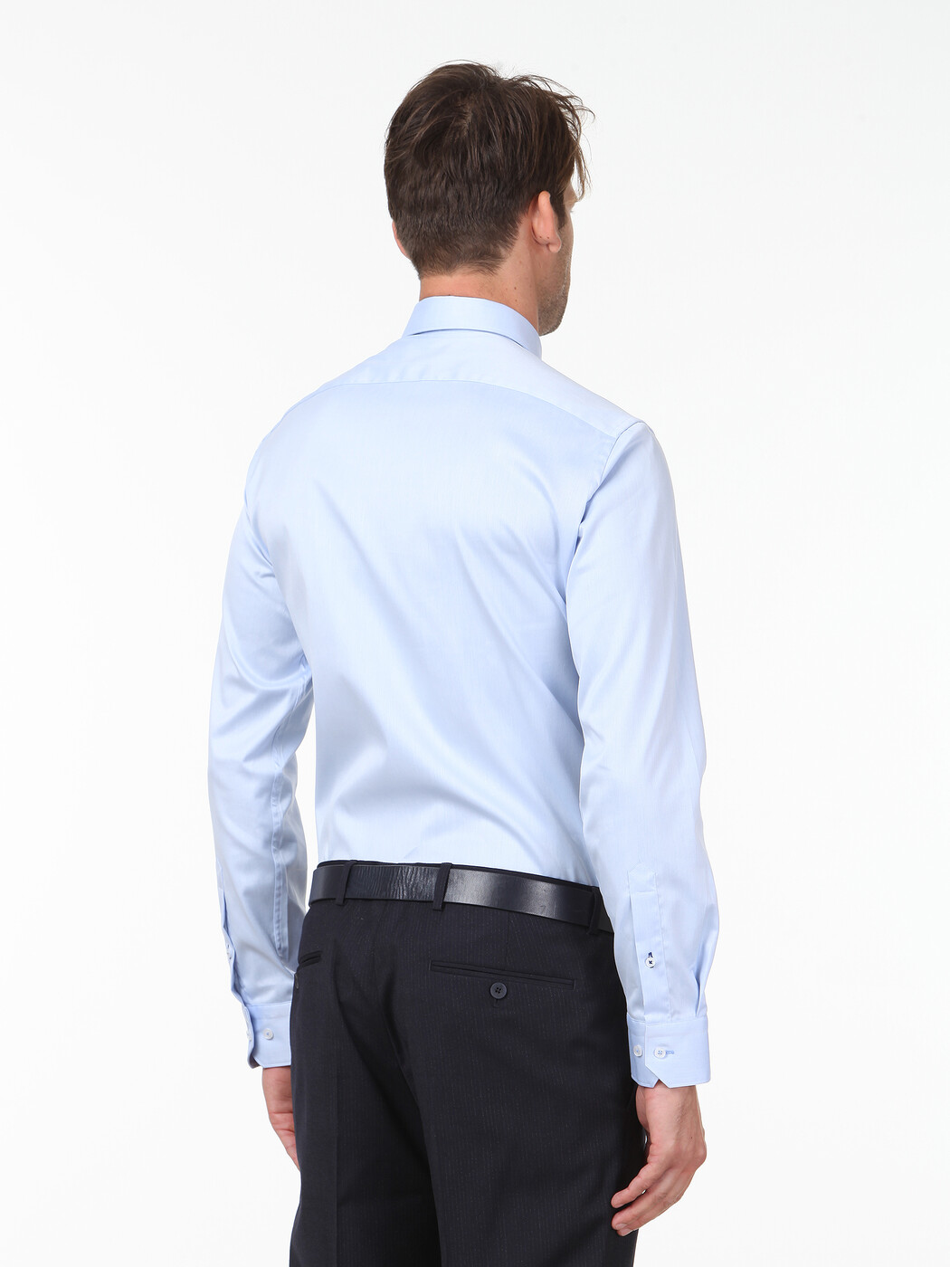 Blue Plain Slim Fit Weaving Classical 100% Cotton Shirt - 4