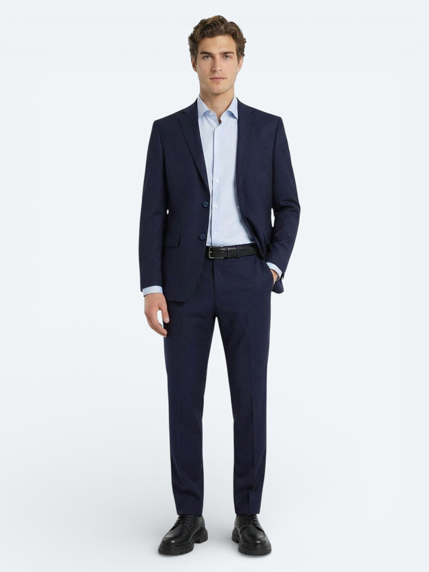 Blue Plain Slim Fit Weaving Classical Cotton Blended Shirt - 3