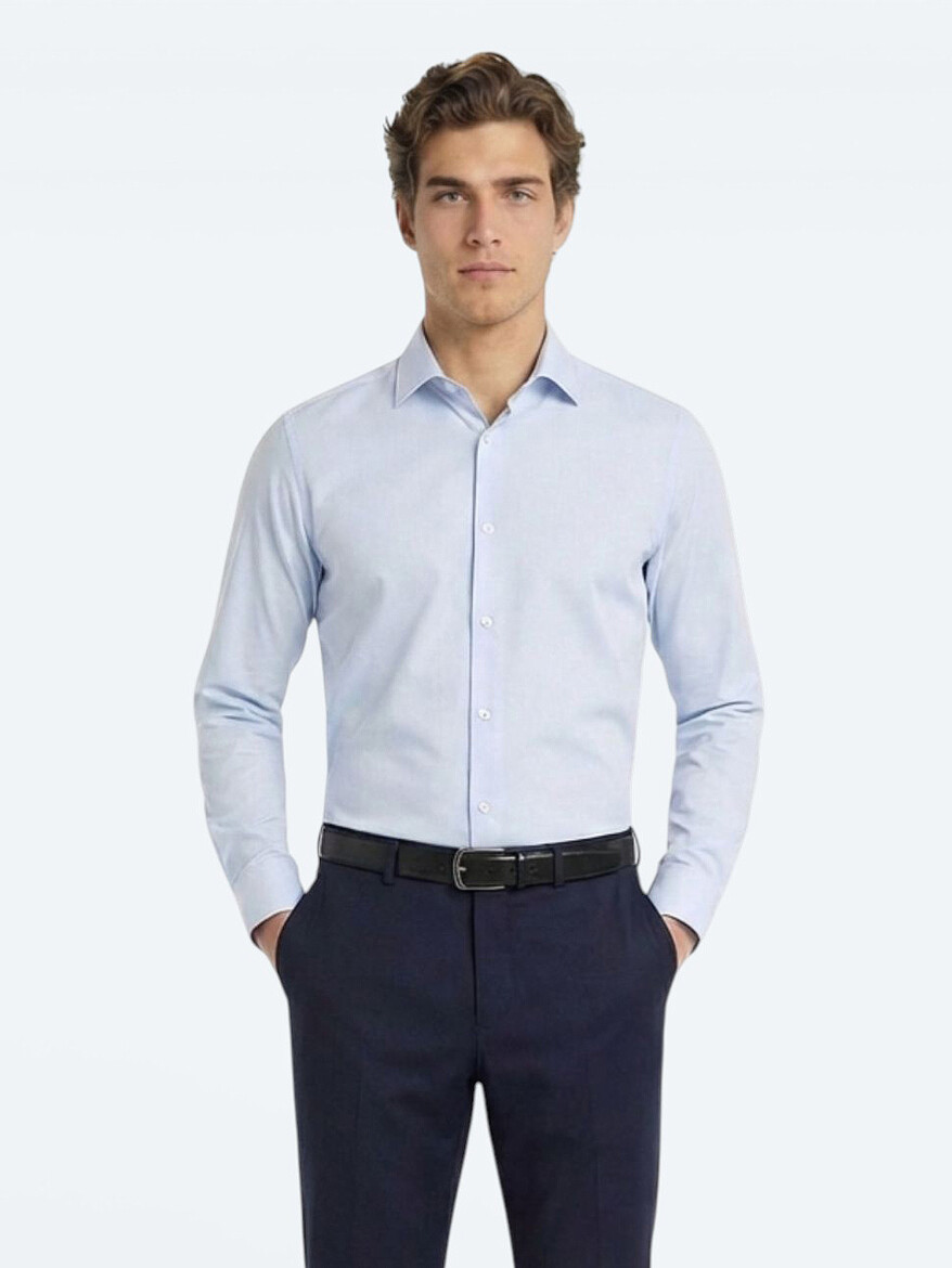 Blue Plain Slim Fit Weaving Classical Cotton Blended Shirt - 4