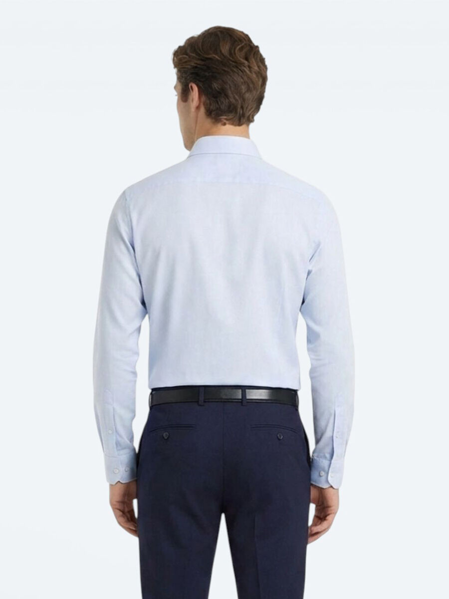 Blue Plain Slim Fit Weaving Classical Cotton Blended Shirt - 5