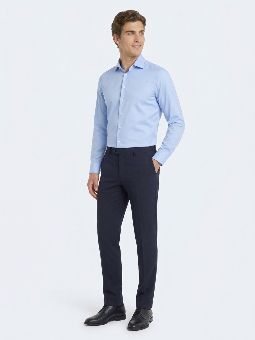 Blue Plain Slim Fit Weaving Classical Cotton Blended Shirt - 2