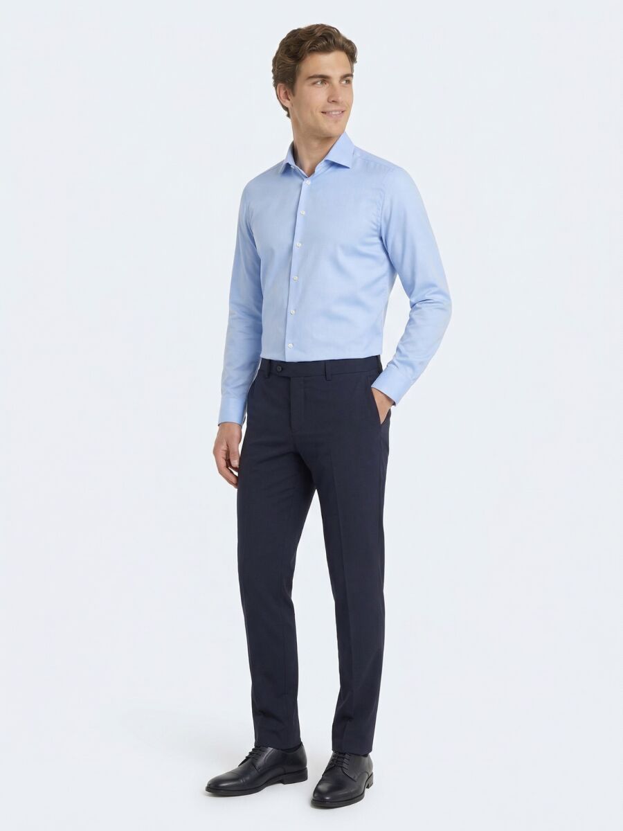 Blue Plain Slim Fit Weaving Classical Cotton Blended Shirt - 2