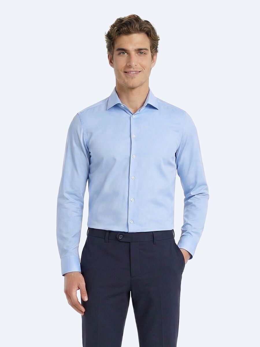 Blue Plain Slim Fit Weaving Classical Cotton Blended Shirt - 3