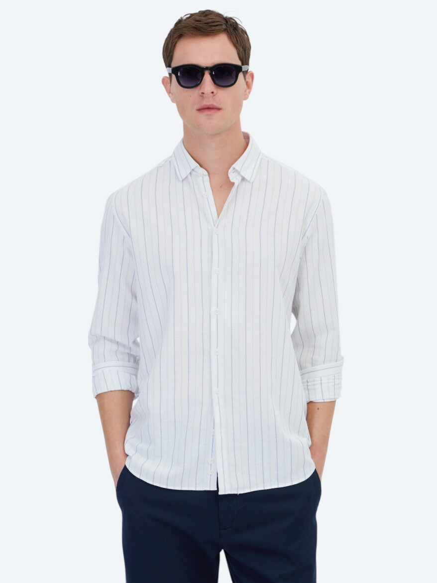 Blue Striped Regular Fit Weaving Casual 100% Cotton Shirt - KİP