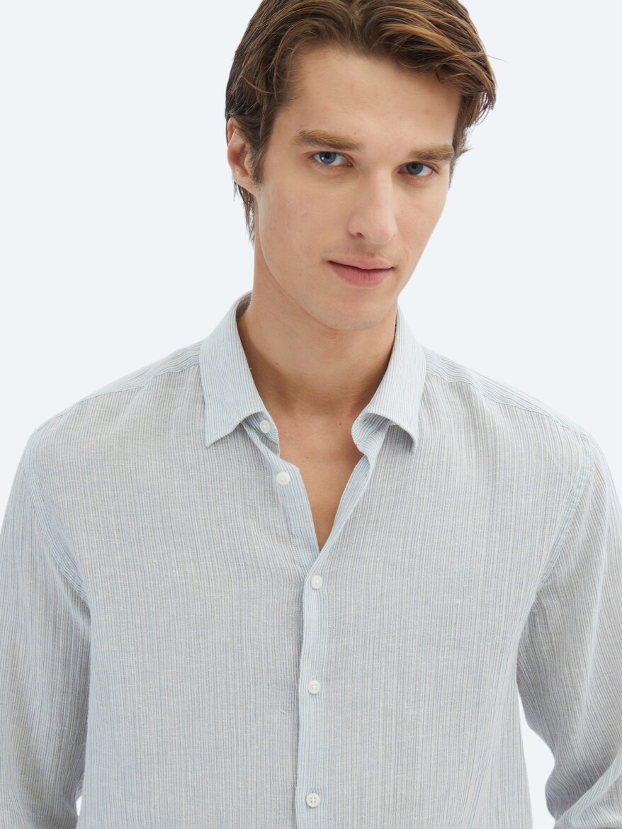 Blue Striped Regular Fit Weaving Casual Cotton Blended Shirt - 3