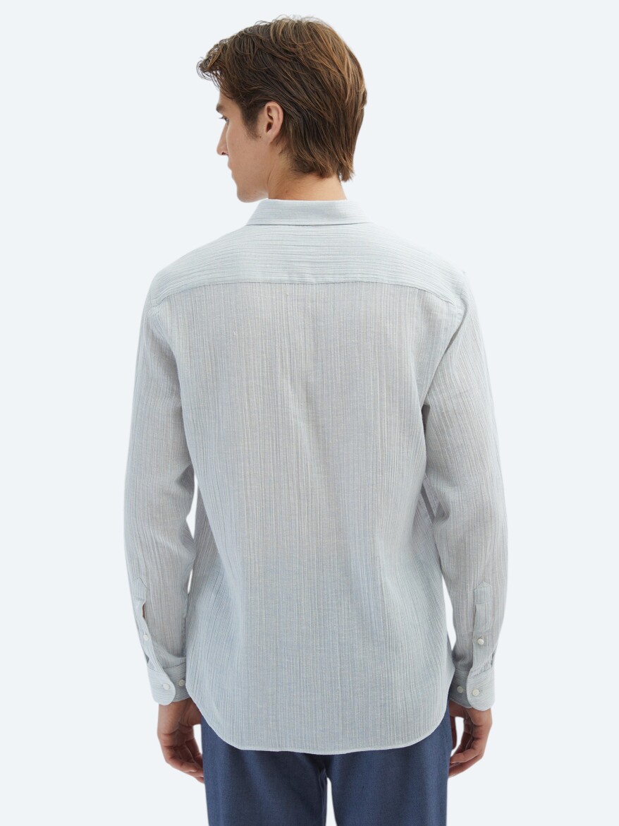 Blue Striped Regular Fit Weaving Casual Cotton Blended Shirt - 5