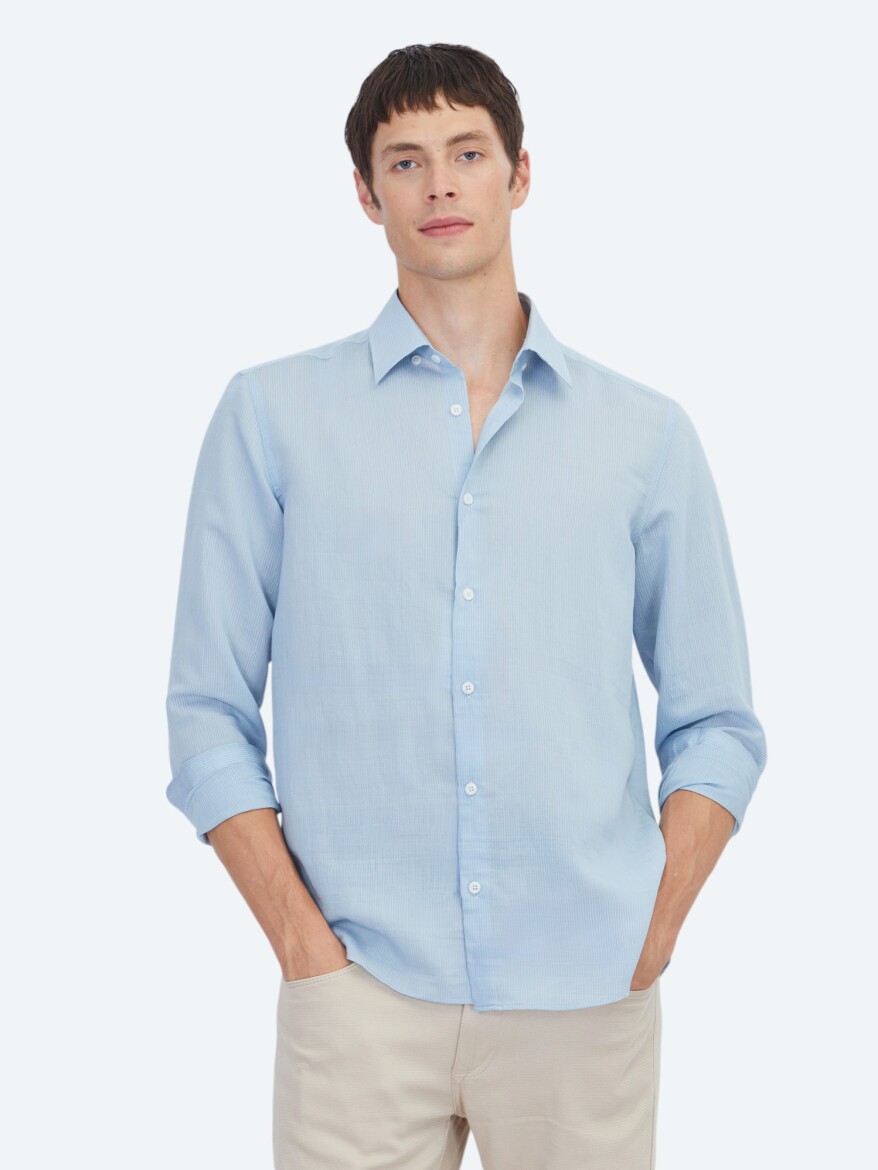 Blue Striped Regular Fit Weaving Casual Shirt - 1