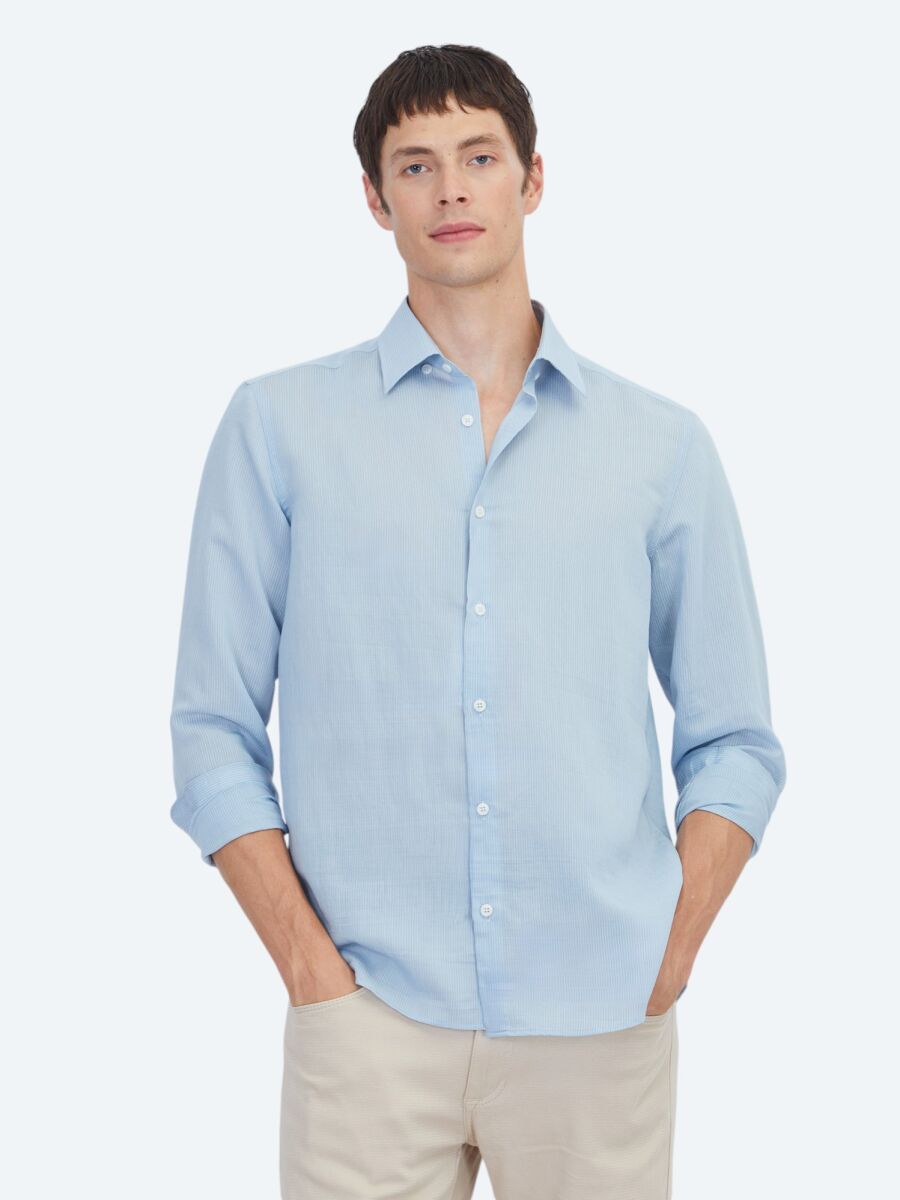 Blue Striped Regular Fit Weaving Casual Shirt - 1