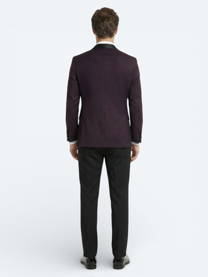 Bordo Düz Slim Fit Çıkarılabilir Şal Yaka Dokuma Smokin Takım Elbise - 4