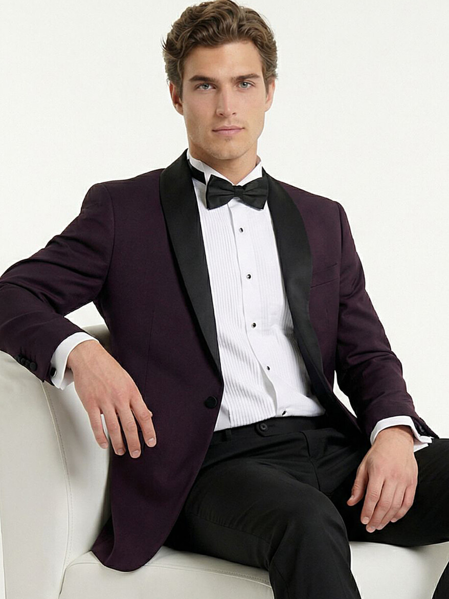 Bordo Düz Slim Fit Çıkarılabilir Şal Yaka Dokuma Smokin Takım Elbise - 5