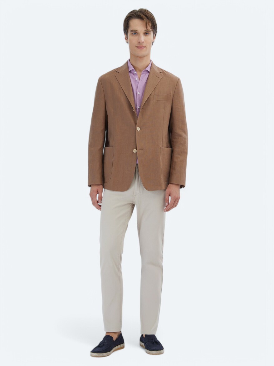 Brown Plain Comfort Fit Cotton Blended Jacket 
