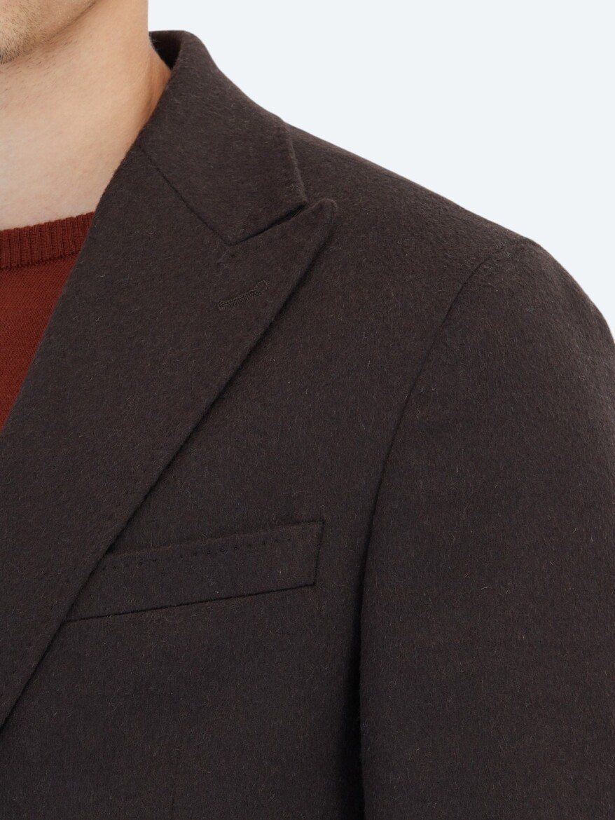 Brown Plain Modern Fit Wool Blended Jacket - 4