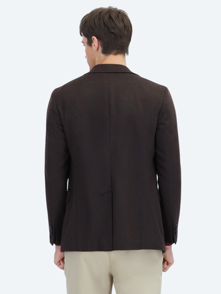 Brown Plain Modern Fit Wool Blended Jacket - 5