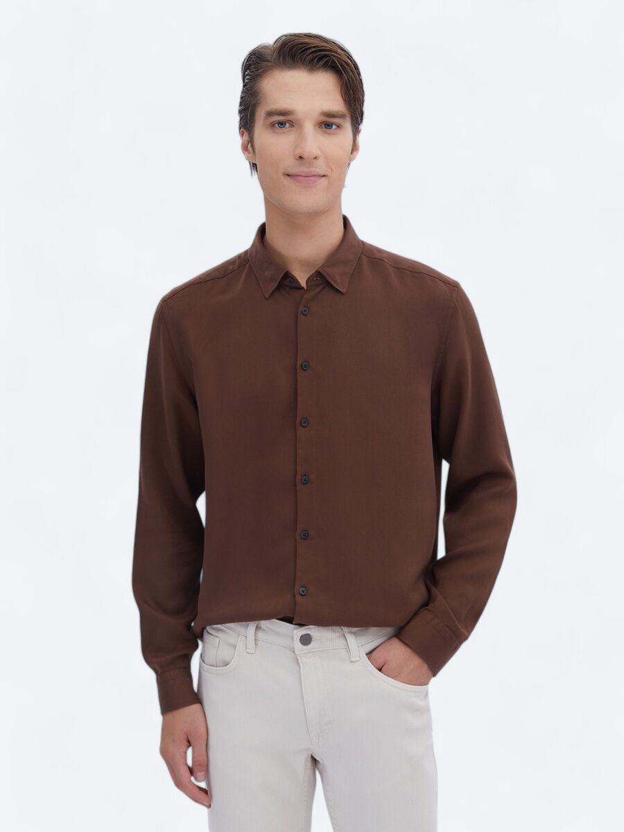 Brown Ribbed Regular Fit Weaving Casual Shirt - 1