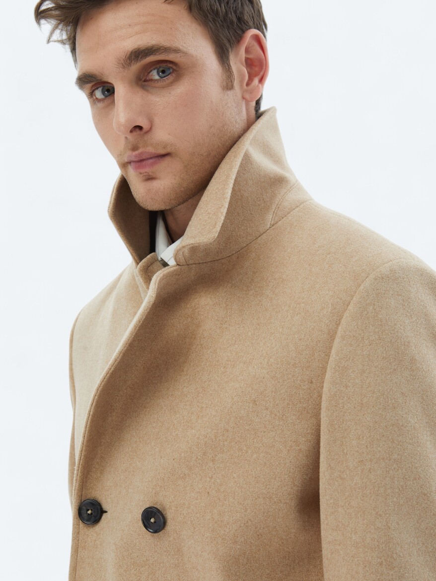 Buff Regular Fit Double Breasted Collar Casual Knitting Coat - 5