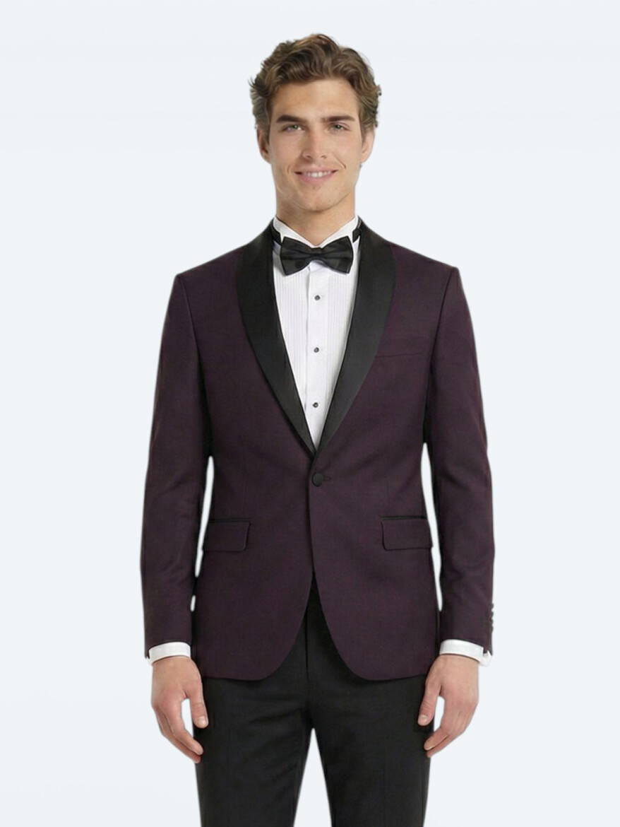 Burgundy Plain Slim Fit Removable Shawl Collar Weaving Tuxedo - 1