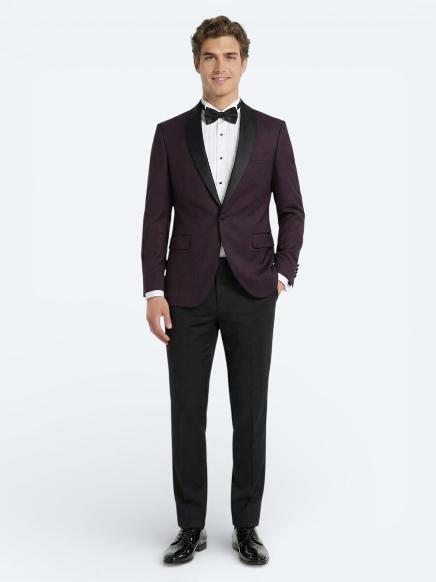 Burgundy Plain Slim Fit Removable Shawl Collar Weaving Tuxedo - 2