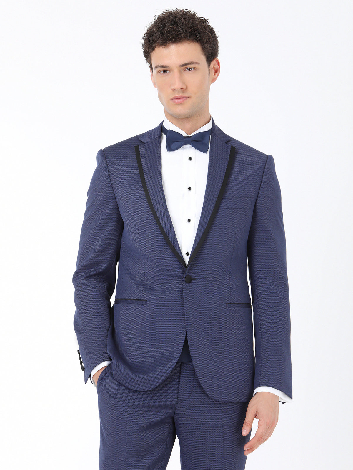 Lacivert Düz Slim Fit Kelebek Yaka Dokuma Smokin Takım Elbise