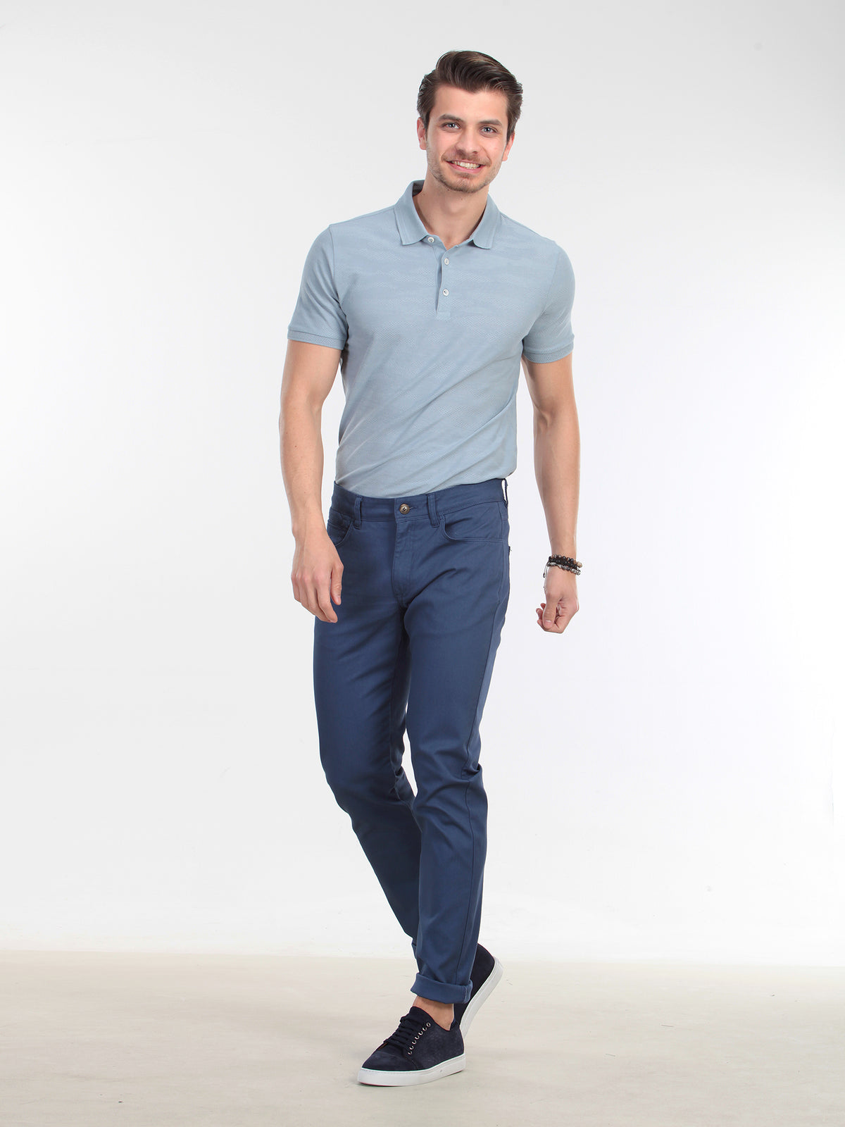 İndigo Düz Dokuma Slim Fit Casual Pamuk Karışımlı Pantolon