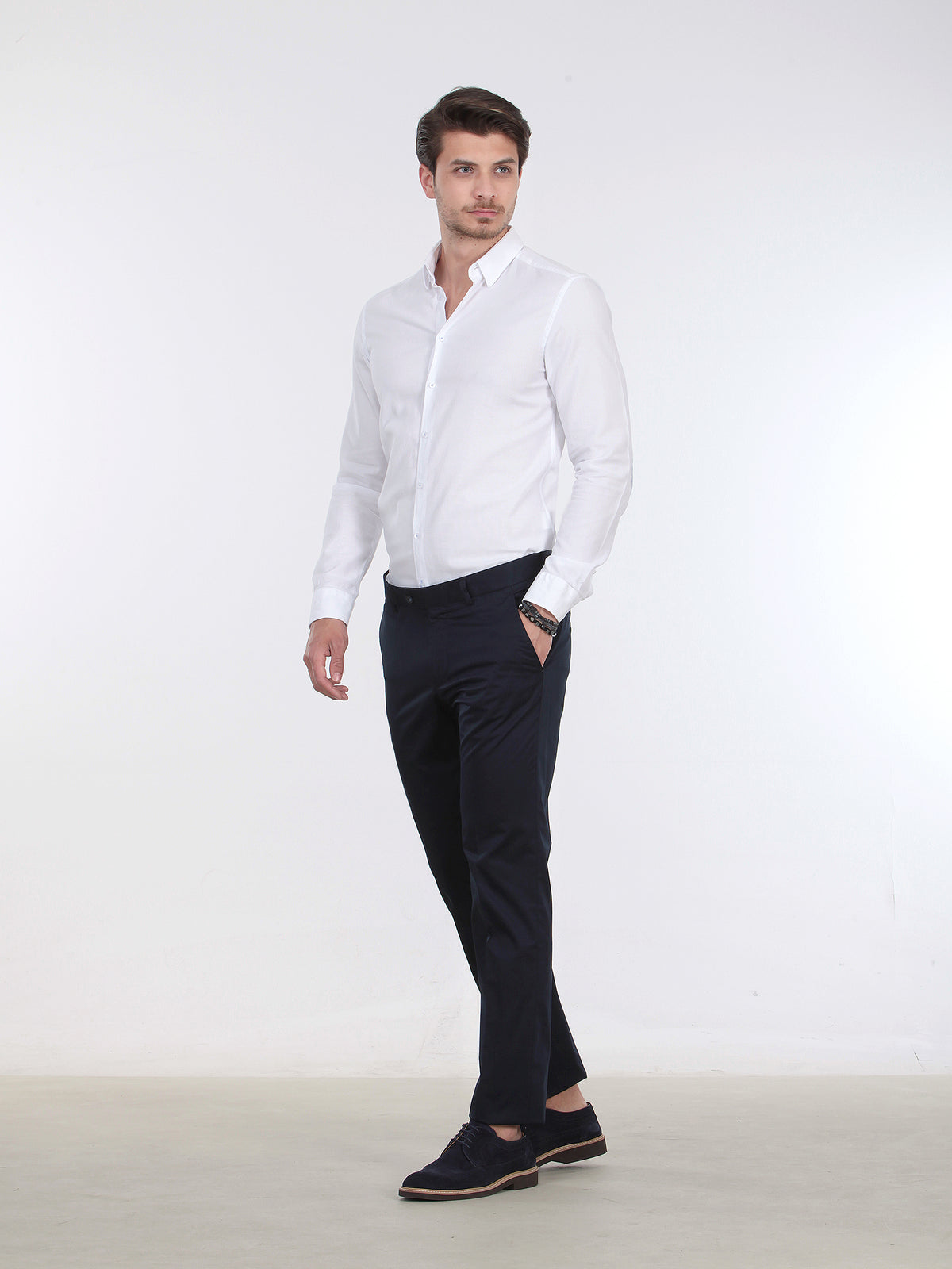 Lacivert Düz Dokuma Fitted Fit Casual Pamuk Karışımlı Pantolon