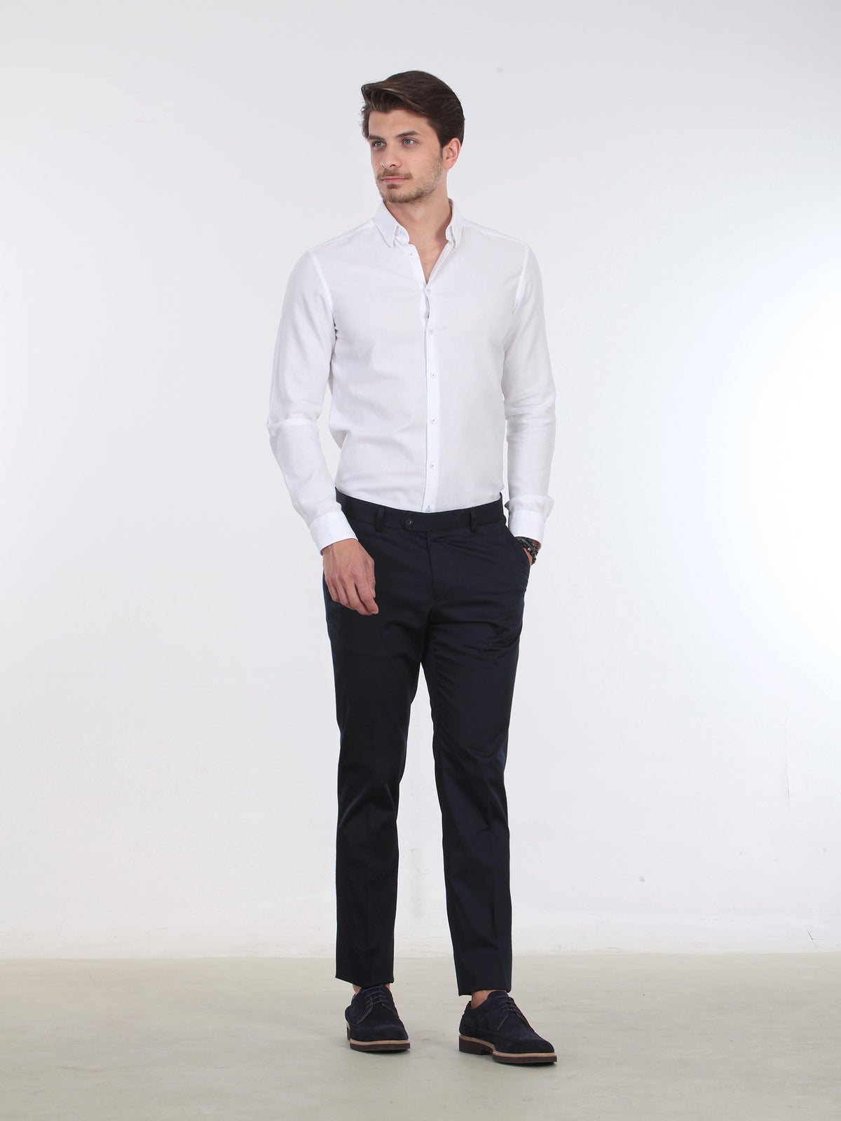 Lacivert Düz Dokuma Fitted Fit Casual Pamuk Karışımlı Pantolon