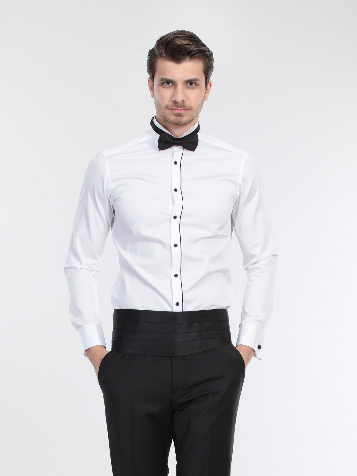 Beyaz Düz Slim Fit Duble Manşet Ata Yaka Smokin Gömlek
