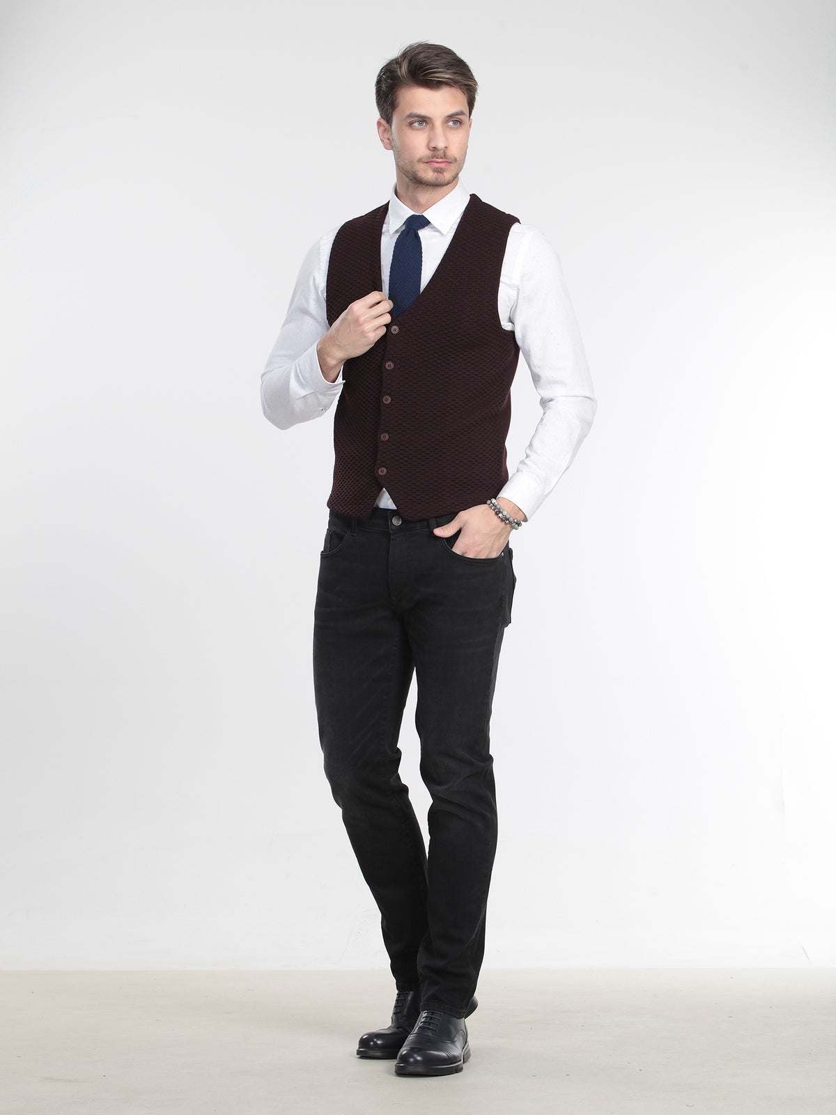 Bordo Fitted Fit Casual Örme Triko Yelek