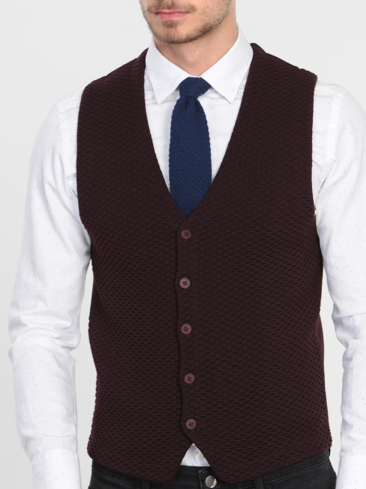 Bordo Fitted Fit Casual Örme Triko Yelek