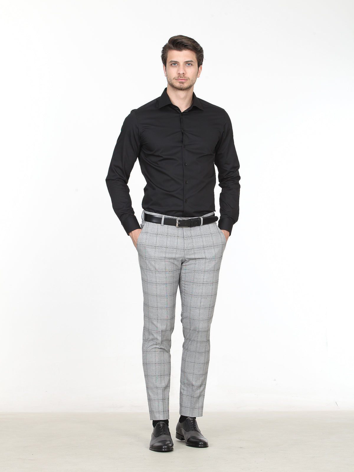 Gri Kareli Dokuma Slim Fit Casual Pantolon