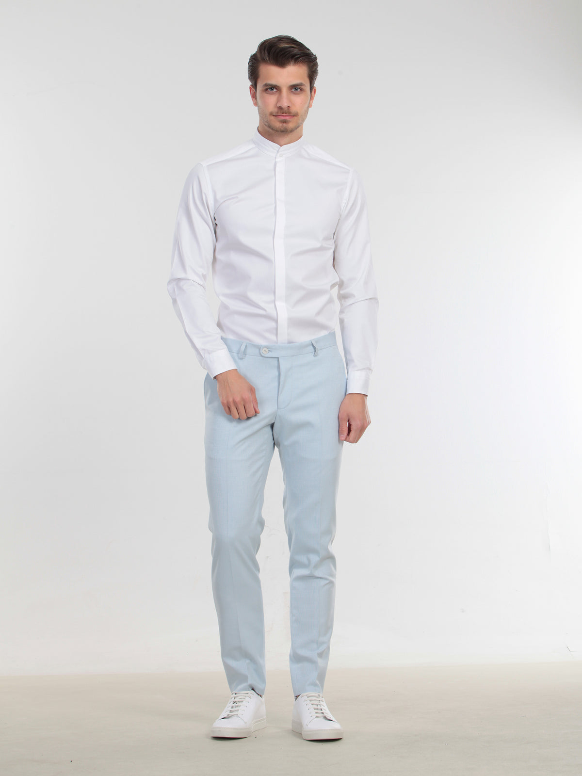 Beyaz Düz Slim Fit Düz Manşet Hakim Yaka Smokin Gömlek