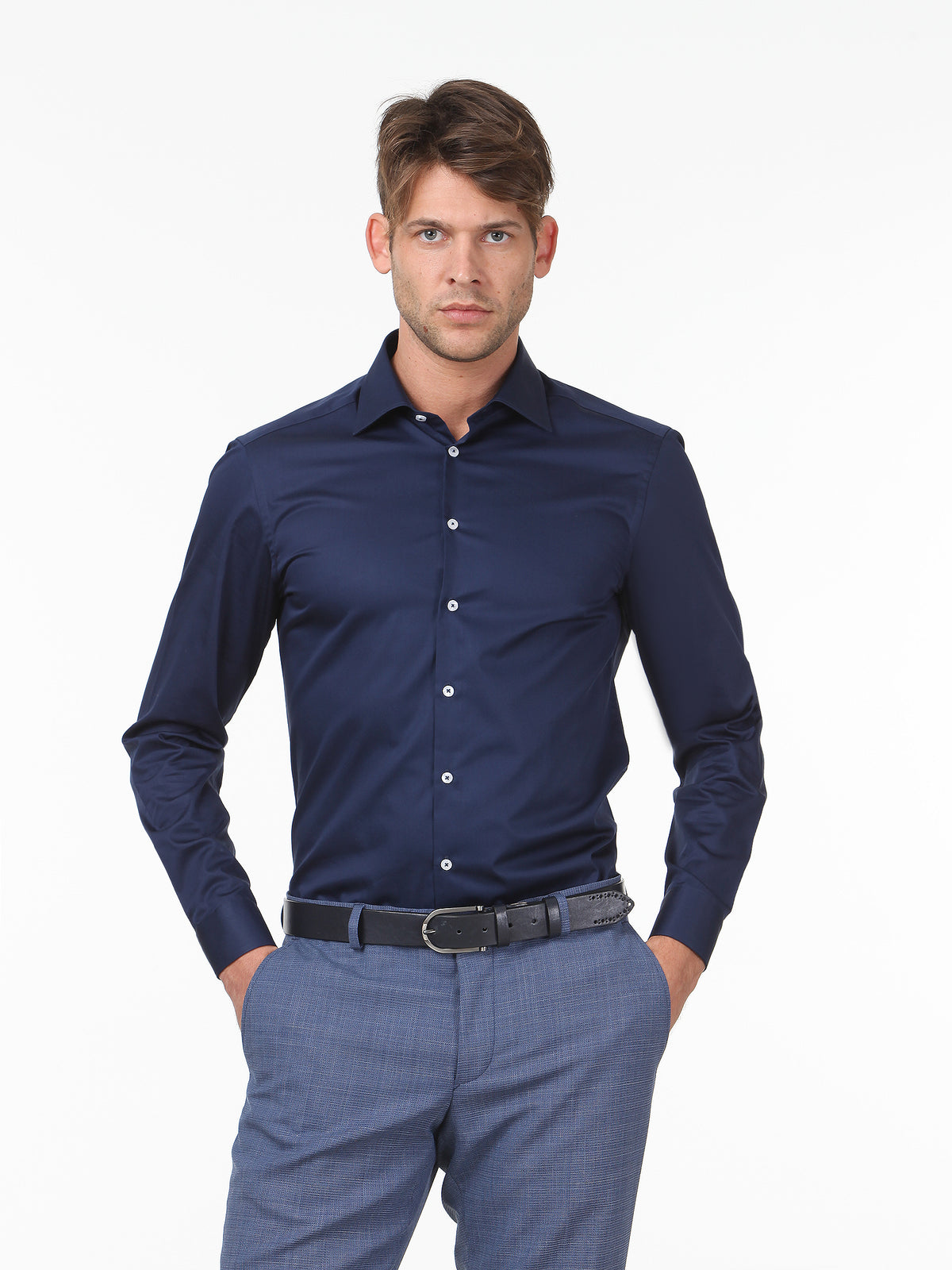 Lacivert Düz Slim Fit Uzun Dokuma Klasik %100 Pamuk Gömlek