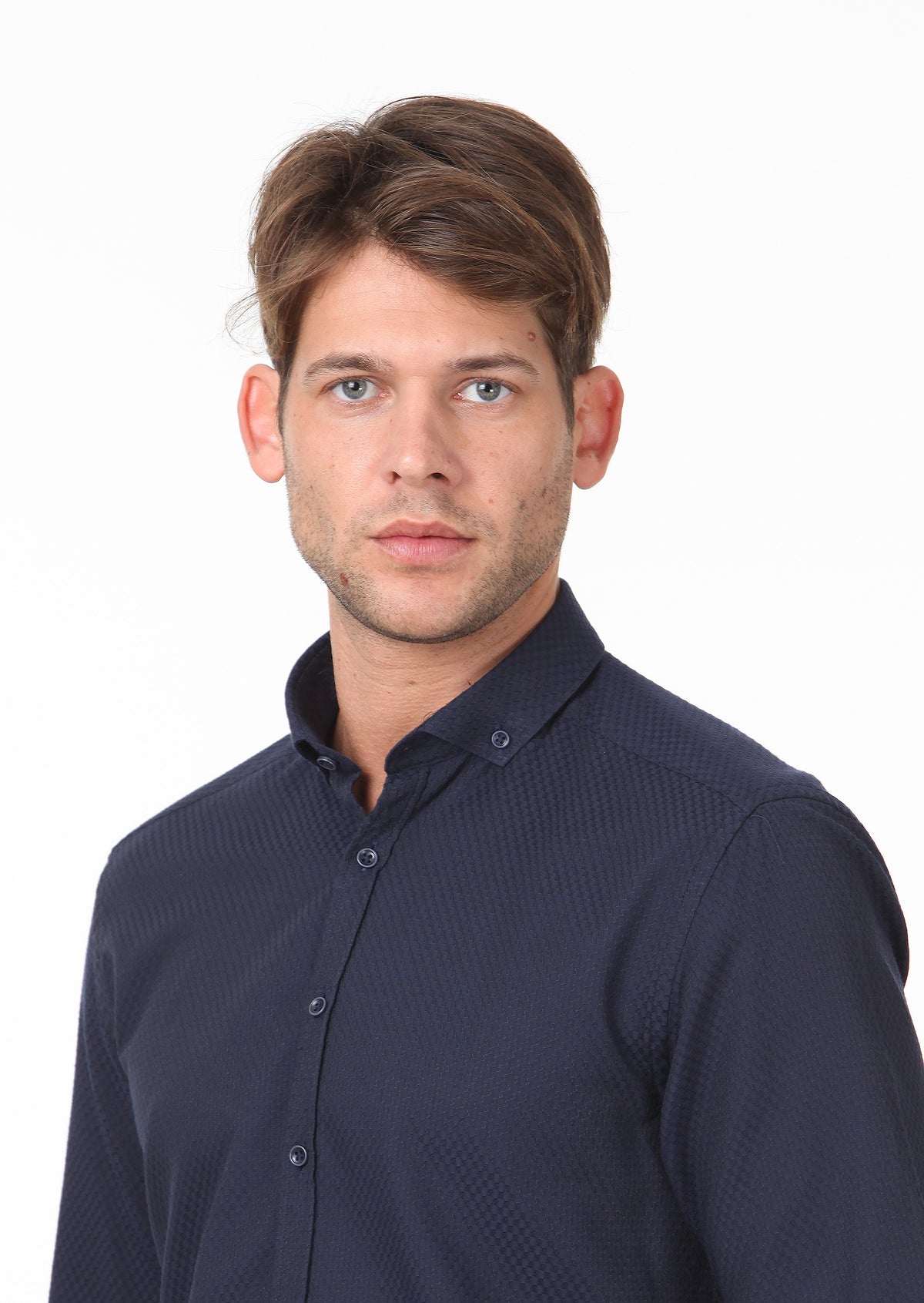 Lacivert Desenli Slim Fit Uzun Dokuma Casual Pamuk Karışımlı Gömlek