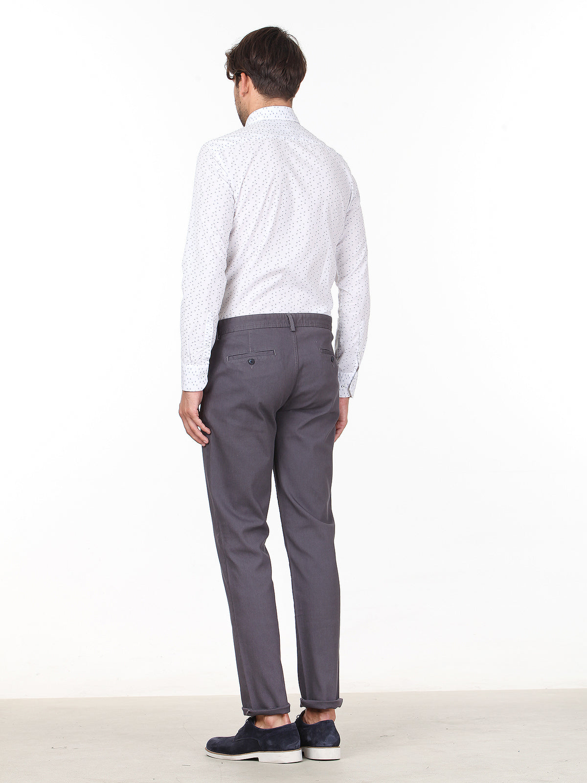 Gri Düz Dokuma Regular Fit Casual Pamuk Karışımlı Pantolon
