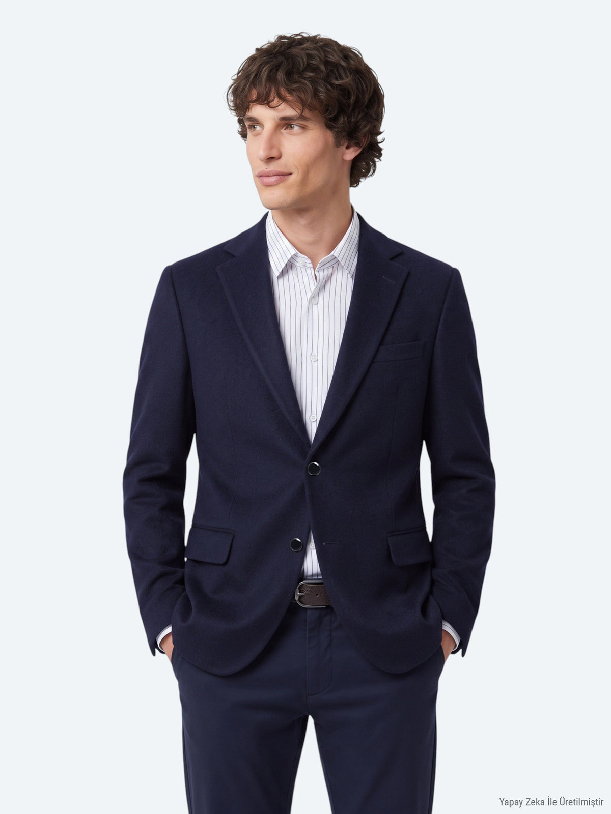 Lacivert Düz Modern Fit Yün Karışımlı Ceket